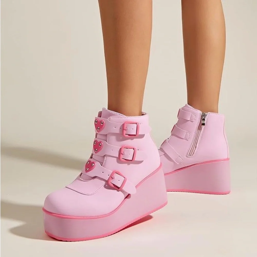 Pink Platform Wedge Ankle Boots with Heart Buckles